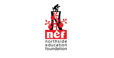 A red and black logo for the northside education foundation.